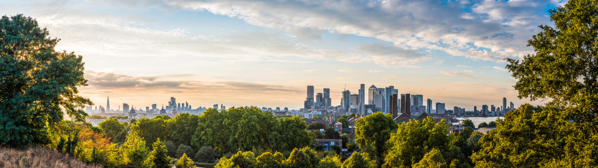 Panoramic view of a city skyline with modern high-rise buildings, trees in the foreground, and a partly cloudy sky at sunset.
