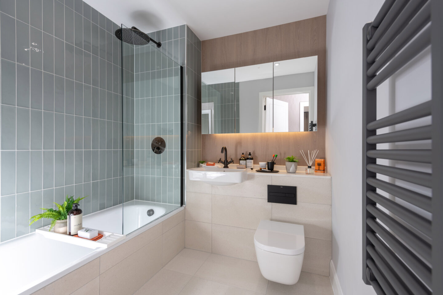 Modern bathroom with grey tiled shower, white fittings, wall-mounted toilet, large mirrored cupboard, and a heated towel rail. Worktop holds toiletries and plants.